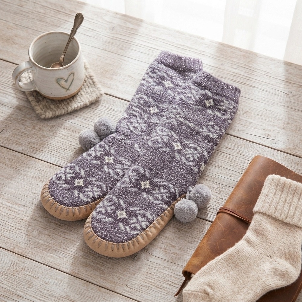 Muk Luks Womens Slipper Socks Frosted Grey Fair Isle Pom Pom Knit L/XL 8-10 NEW